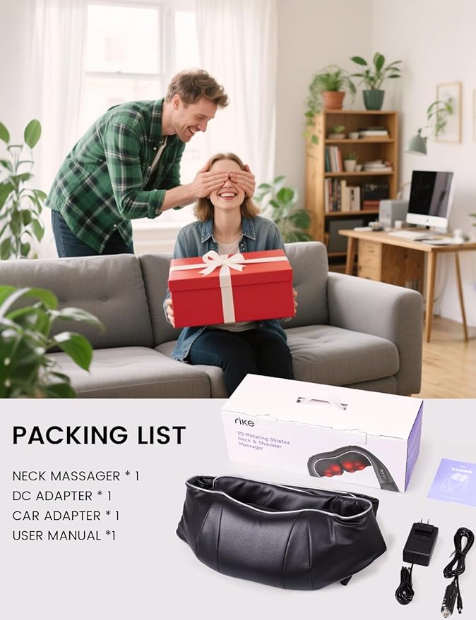 RIKE Shiatsu Back & Neck Massager with Heat, Electric Back Massager for Pain Relief Deep Tissue 3D Kneading Massage Pillow for Home, Office, and Car Use