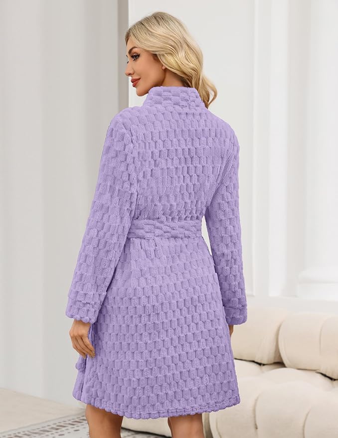 Ekouaer Women's Robes Short Plush Bathrobe Knee Length Warm Soft Jacquard Robe Winter House Coat with Pockets S-XXL