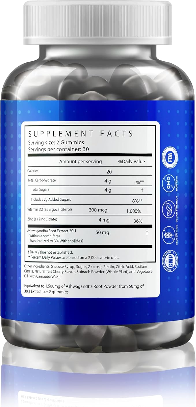 Ashwagandha Gummies 1,500mg with Vitamin D & Zinc | Vegan Ashwaghandha Supplement for Mood & Immune Support, Focus & Relaxation | Gluten-Free, Non-GMO | Cherry Flavor, 60 Ct