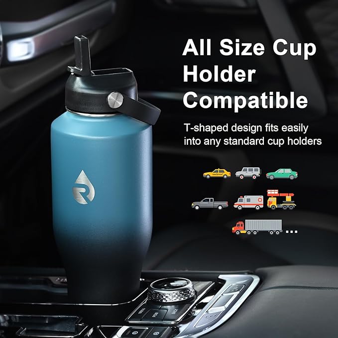 40 oz Insulated Water Bottle with Straw fit in Car Cup Holder, Triple Wall Vacuum Stainless Steel(Cold 48 hrs, Hot 24 hrs), Leakproof & Non-BPA, Hydro Travel Flask with Straw and Spout Lid