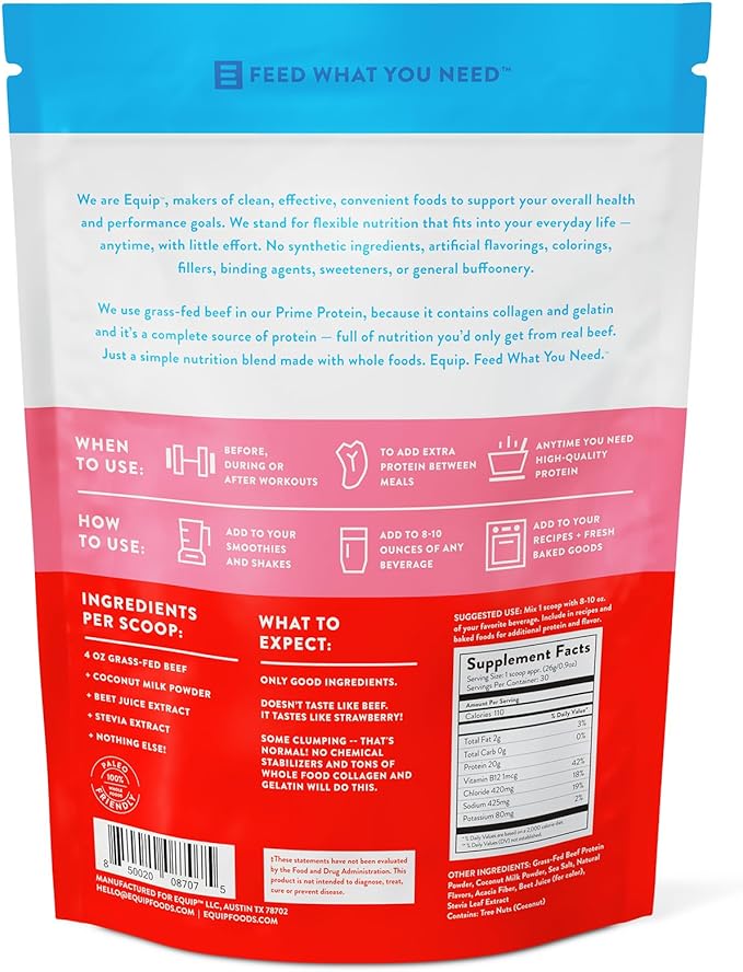 Equip Foods Prime Protein Powder | Clean, Grass Fed Beef Protein Powder | Carnivore Protein Isolate | Paleo, Keto Friendly | Gluten & Dairy Free | Helps Build & Repair Tissue | 30 Servings, Strawberry