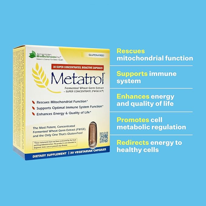 American BioSciences Metatrol Fermented Wheat Germ Extract - Immune & Mitochondria Support for Renewed Vitality & Enhanced Energy - Gluten Free - 30 Vegetarian Capsules, 41mg