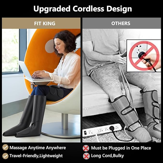 FIT KING Cordless Compression Boots Full Leg Compression Massager, Rechargeable Portable Foot and Calf Massager for Circulation, Pain Relief & Fast Recovery, No External Long Hoses | Xmas Gift