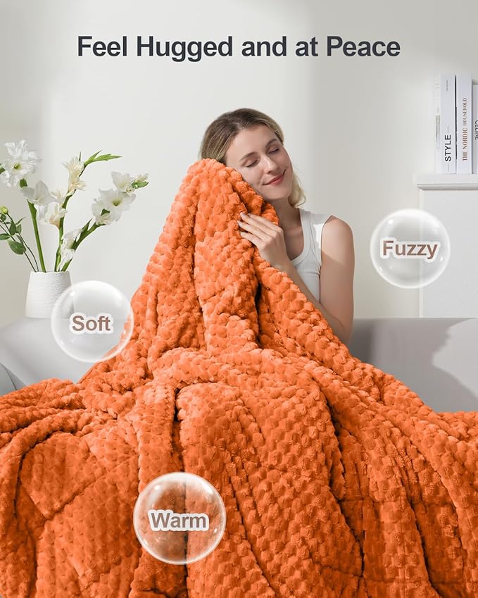 Super Fuzzy Soft Luxury Fleece Sherpa Weighted Blanket 15 lbs for Adults, Turtle Shell Cozy Queen Size Weighted Throw, Ceramic Beads Washable Heavy Blankets for Couch Bed, Orange, 60" x 80"