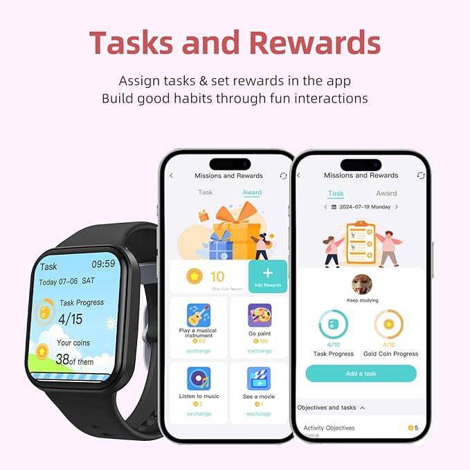 Parsonver Kids Smart Watch with Parent-Child Task & Reward System, Fun Fitness Tracker with 20 Sports Modes, Heart Rate & Sleep Monitor, IP68 Waterproof, Great Birthday Gift for Boys Girls 5-16, Black