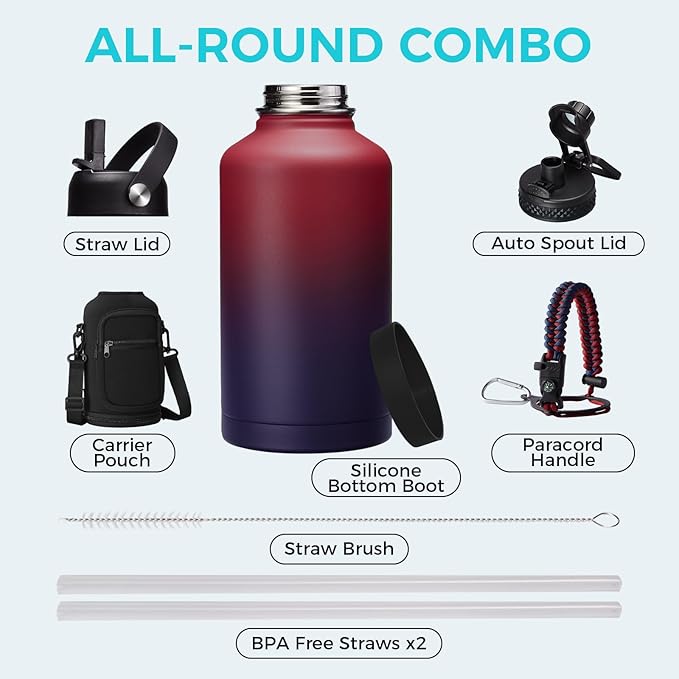 64OZ Stainless Steel Water Bottles - Half Gallon Water Bottle with Straw Lids, Reusable Vacuum Insulated Water Jug w/Carrier Bag, Leak Proof Metal Waterbottle for Sports Gym Workout Travel Hiking