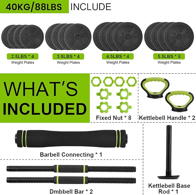 Adjustable Dumbbell Set, 30/44/66/88Lbs Free Weight Set with Connector, 4 In1 Dumbbells Set Used As Barbell, Kettlebells, Push Up Stand,Green and Black