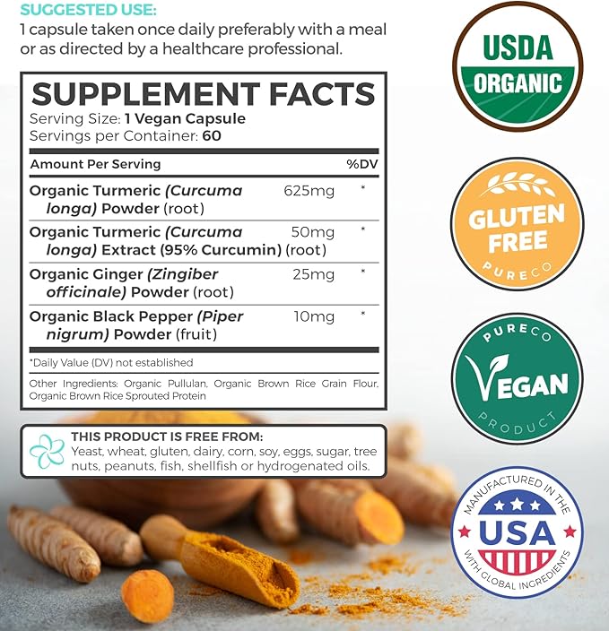 Organic Turmeric Ginger Black Pepper Supplement - High Potency Organic Turmeric Curcumin Capsules with Ginger & Black Pepper for Enhanced Benefits and Absorption - Vegan & Non-GMO (1 Month Supply)