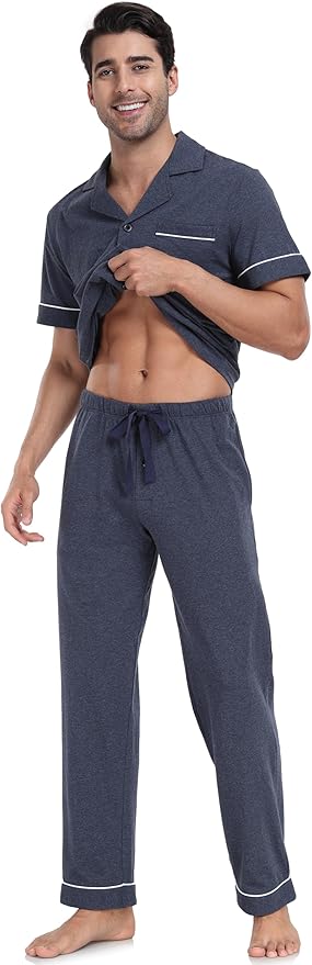 COLORFULLEAF Men's 100% Cotton Pajamas Set Button Down Sleepwear Short Sleeve and Long Pants Pjs