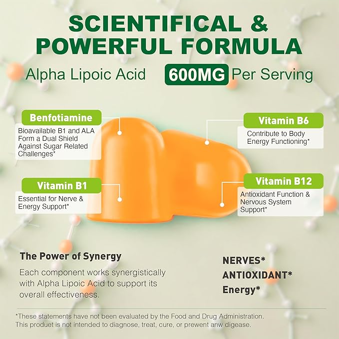 Pure R-Alpha Lipoic Acid 600mg with Benfotiamine for Nerve Support, Antioxidant Support, ALA Supplement Alpha Lipoic Acid Gummies - Vegan, Sugar-Free, 60 Counts