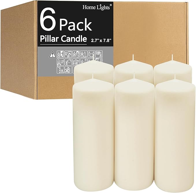 HomeLights Pillar Candles - 2.7x8 inch | 80 Hours Burning, 6 Count - White Unscented Smokeless European Pillar Candles - Perfect for Wedding, Parties, Spas, Home Gatherings and Dinner