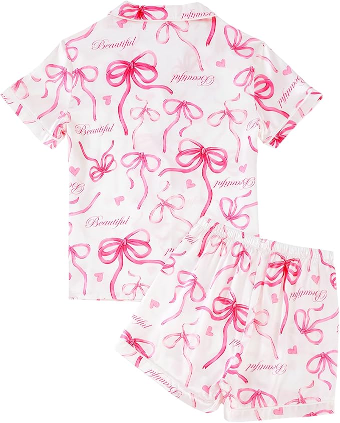 LYANER Women's Satin Silky Short Sleeve Button Shirt Sleepwear 2Piece Pajama Set