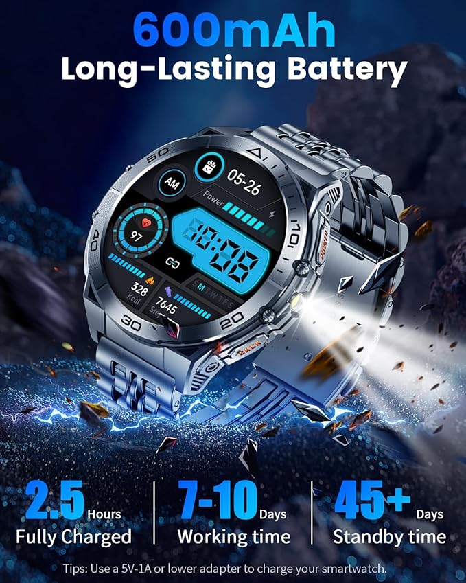 Military Smart Watch for Men with LED Flashlight, 1.60″ AMOLED Always-On Display, 600mAh (5–10 Days), Bluetooth Call, IP68 Waterproof, Heart Rate/Sleep/SpO₂, 170+ Sports Modes, for Android iPhone