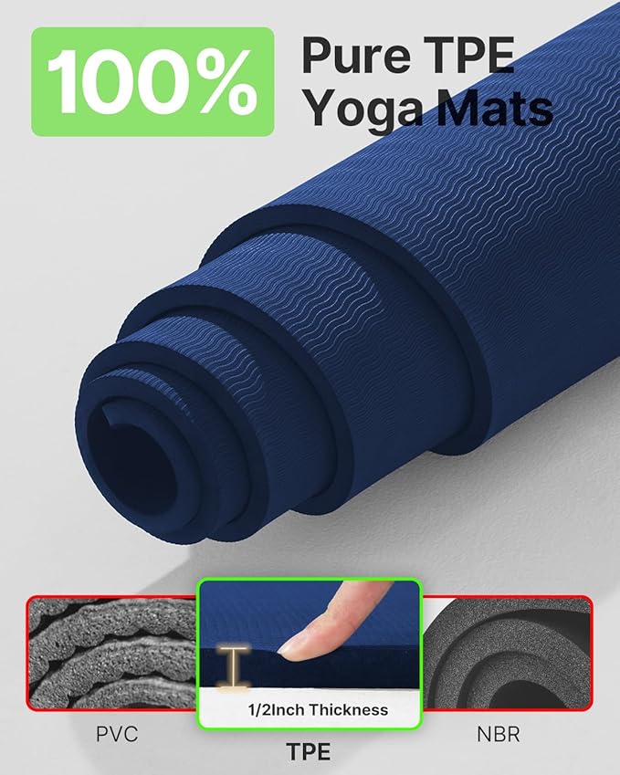 YOTTOY Large Yoga Mat (75 * 52 * 1/2inch),Extra Wide TPE Exercise Mat,Non-Slip Workout Mat for Pilates, Fitness, Barefoot, Home Gym Studio with Strap and Towel