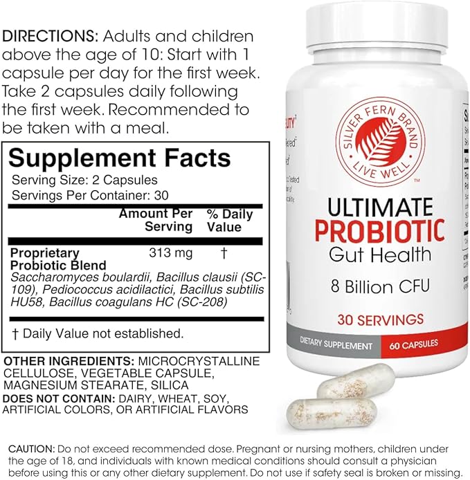 Silver Fern Brand Ultimate Probiotic 4-Pack โ Probiotics for Women & Men โ 8 Billion CFU Spore-Forming Gut Health Supplement โ DNA Verified, Probiotic, Shelf-Stable, High Survivability โ 240 Capsules