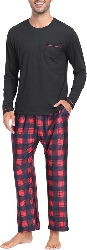 MoFiz Men's Pajamas Plaid Sets Sleepwear Sleep Long Sleeve Shirts and Pants Pajama Set Soft Mens Pjs Lounge Set with Pockets