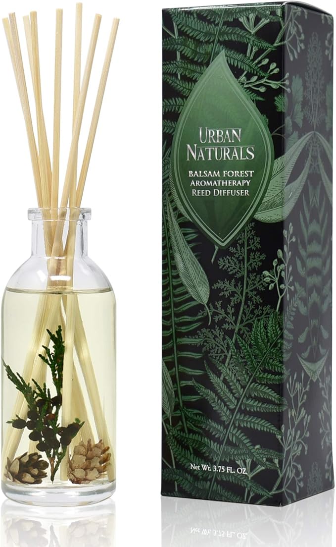 Urban Naturals Balsam Forest Reed Diffuser Oil Set - Real Juniper and Pine Cones β Fragrance Notes of Fraser Fir, Evergreen, Pine, Woodsy Cedar and Sandalwood β Vegan 3.75 Ounces β Made in The USA