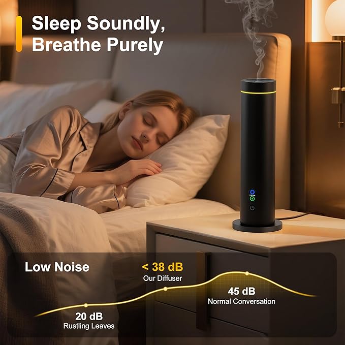 Waterless Diffuser, 1000 Sq.Ft Coverage, Essential Oil Diffuser with Tilt-Safe, Remote Control, Adjustable Mist Mode, Mood Lights Aromatherapy Diffuser for Home, Large Room, Office, Hotel, Black