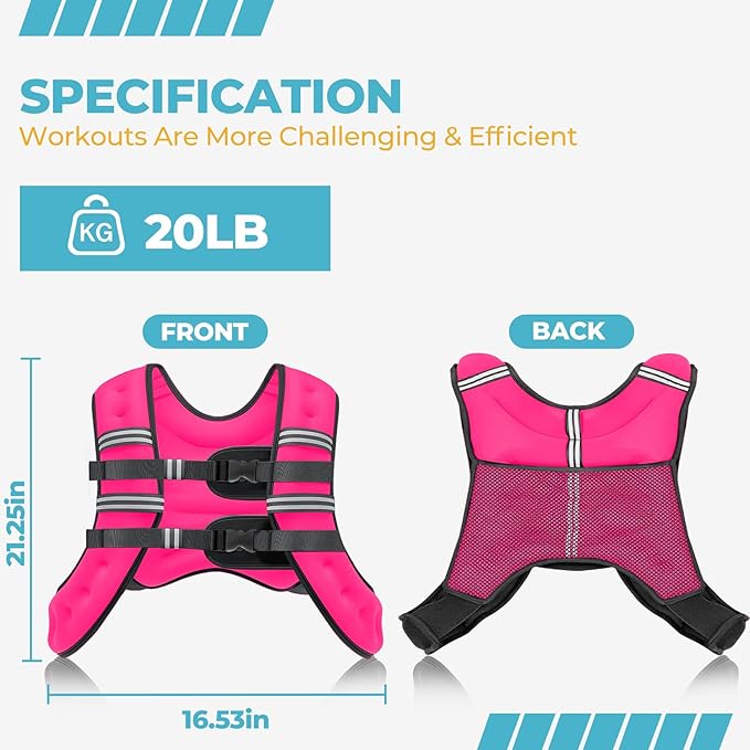 Weighted Vest, 12lb/16lb/20lb Weight Vest with Reflective Stripes for Men Women, Two Adjustment Straps for Workout, Strength Training, Running, Fitness, Muscle Building, Weight Loss
