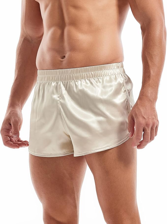 AMY COULEE Mens Satin Shorts Silk Boxers Sexy Split Side Lounge Shorts 3 Inch Pajama bottoms