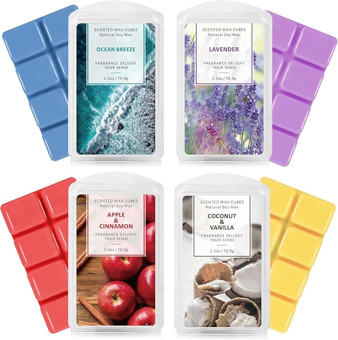 SCENTORINI Wax Melts, Scented Wax Melts Wax Cubes Strong Scent, Natural Soy Wax for Wax Warmer 4 Pack- Ocean Breeze, Vanilla Coconut, Cinnamon, Lavender