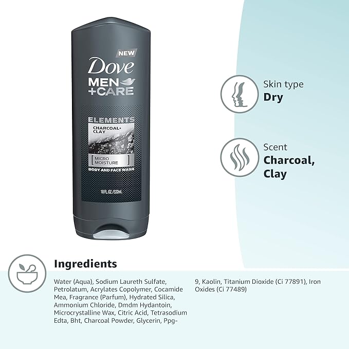 DOVE MEN + CARE Elements Body Wash Charcoal + Clay, Effectively Washes Away Bacteria While Nourishing Your Skin, Gray, 18 Fl Oz (Pack of 2)