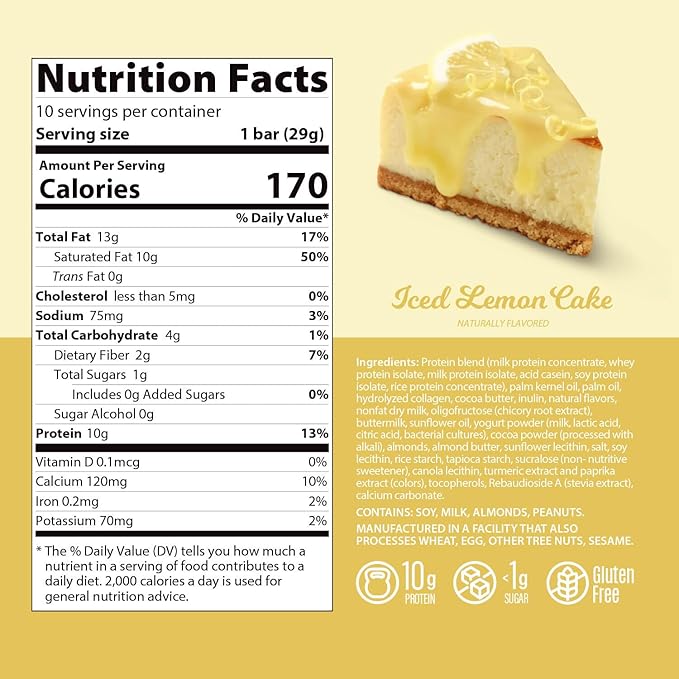 Genius Gourmet Protein Bar, Iced Lemon Cake, Keto Snack, Low Carb, Low Sugar & Gluten Free, Protein Snacks for Adults, 10G of Whey Protein per Protein Bar, 5 Net Carbs, 10 Count