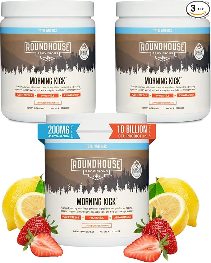 ROUNDHOUSE PROVISION Morning Kick, Zero Sugar Greens Superfood Powder Supplement with Ashwagandha, Collagen, Probiotics, Debloat Drink, (3 Pack, Strawberry Lemonade) by Chuck Norris