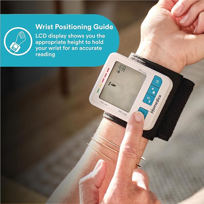 Homedics 700 Series Wrist Cuff Blood Pressure Monitor for Home Use, One-Touch Operation, Accurate Results, 2 Users, with Bluetooth Wireless Technology to The Homedics Health App (Smart)