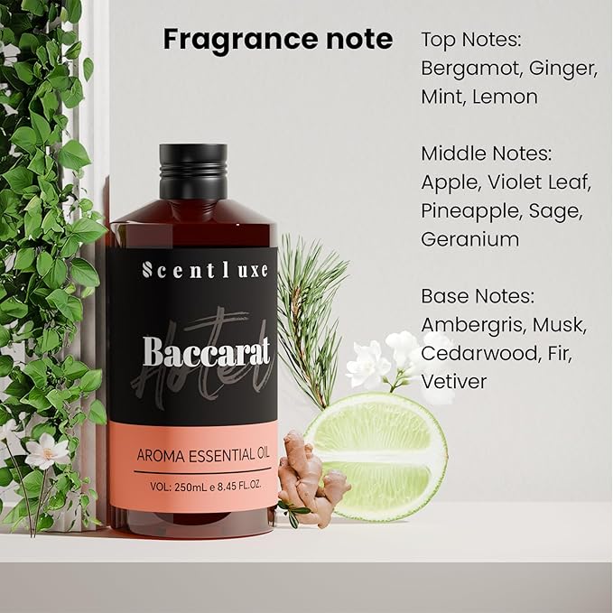 Hotel Scents Baccarat Diffuser Oil 8.45 Fl Oz (250ml), Home Luxury Aroma & Hotel Fragrance Essential Oil - for Aromatherapy Diffuser - Bigger Bottle, Longer Lasting Air Freshener