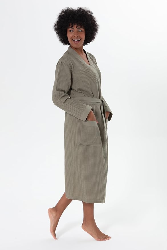 SEYANTE Womenโs Luxury Waffle Shawl Collar, Hooded Robe w Piping โ Lightweight, Long, Ultra Soft Spa Sleepwear Bathrobe
