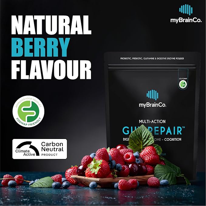myBrainCo. Gut Repair β Gut Health & Digestion Support Powder for IBS, Bloating, Reflux & Leaky Gut β Low FODMAP Certified with Probiotics, Prebiotics, Enzymes & Glutamine β 310g
