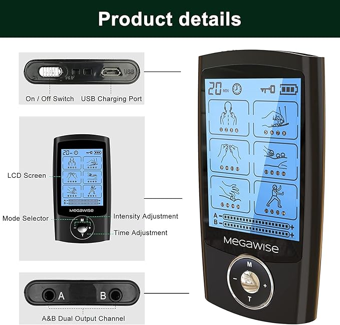 MegaWise 48 Modes(24 * 2) Dual Channel EMS TENS Unit Muscle Stimulator with 14Pcs Reusable Electrode Pads. Rechargeable Continuous Mode Electronic Pulse Massager with Storage Pouch/Pads Holder