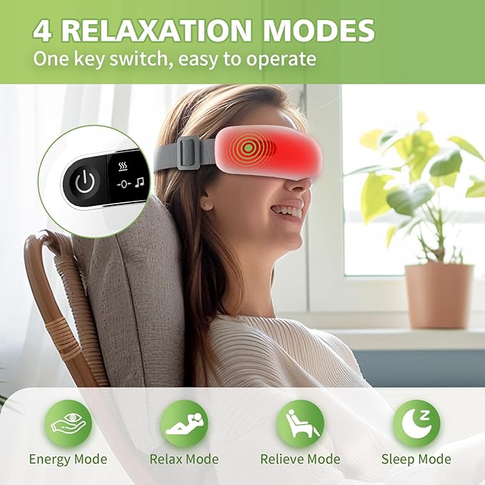 NOWWISH Eye Massager with Heat, Vibration and Bluetooth Music for Migraine Headache Eye Strain Relief, Cordless Heated Eye Mask with 4 Massage Modes, Relaxation -Birthday Gifts for Women Men -White