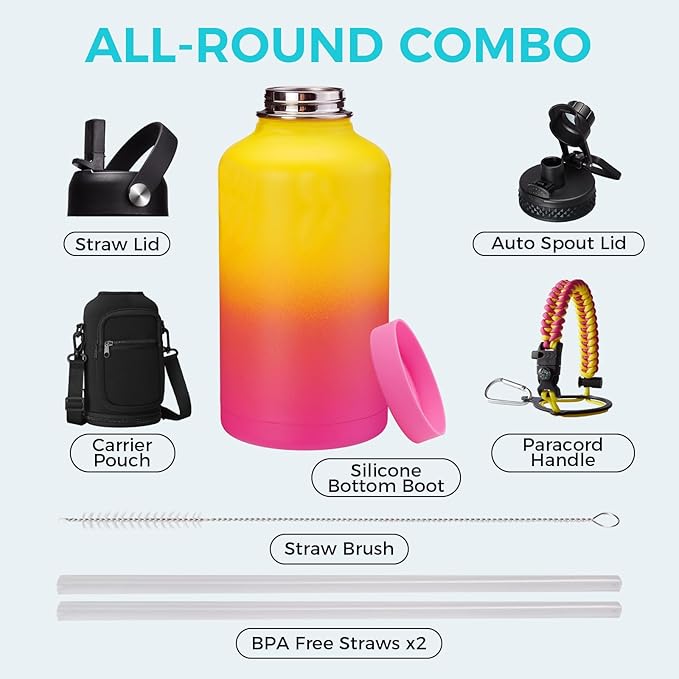64 oz Insulated Water Bottle - with Straw, Spout Lids, Bottle Sleeve & Paracord Handle, Sports Gym Workout Metal Waterbottle Cold 48H, Hot 24H, Half Gallon Stainless Steel Water Jug Thermo Flask