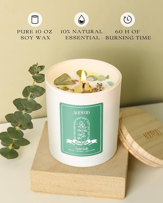 AOOVOO Eucalyptus Mint Scented Candles for Women - Aromatherapy Candle with Crystals Inside, 10oz Soy Candles for Home Scented, Mothers Day Birthday Gifts Candle for Women Mom