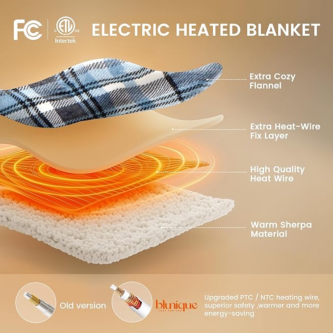 Heated Blanket Electric Throw-50''x60''Ultra Soft Cozy Plaid Flannel Fast Heating Electric Blanket with 10 Heat Levels & 10 Hours Auto Off, ETL Certified, Keep Warm in Couch Bed Office(Blue)