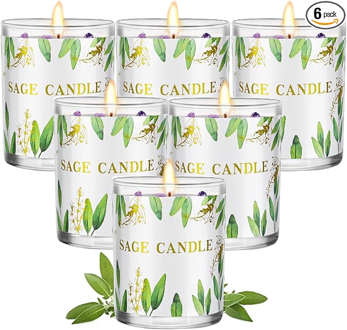 Candles, 6 Pack Sage Candle for Cleansing House Negative Energy, Scented Candles Gifts Set for Women, Crystal Candle Clearance with Crystal Healing Stones, Alternative to Smudge Sticks, Relax & Mind