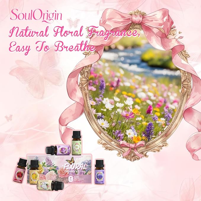 Floral Essential Oils Set, Fragrance Oil Gift Set for Diffuser, Natural Scent Diffuser Oil for Candle Making- Rose, Gardenia, Jasmine, Honeysuckle, Violet, Lilac