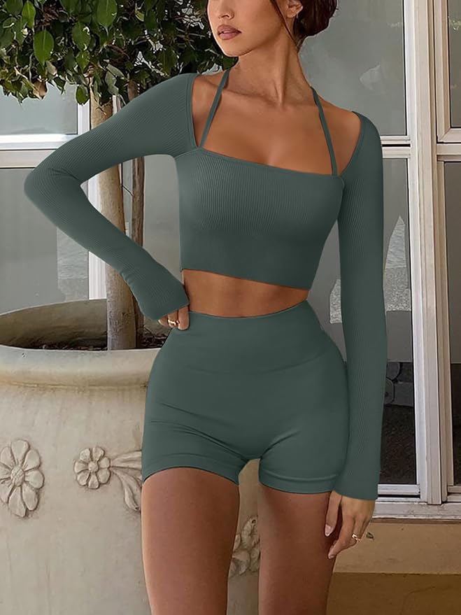 LASLULU Womens Sexy Square Neck Crop Top Ribbed Seamless Long Sleeve Workout Tops Halter Neck Athletic Yoga