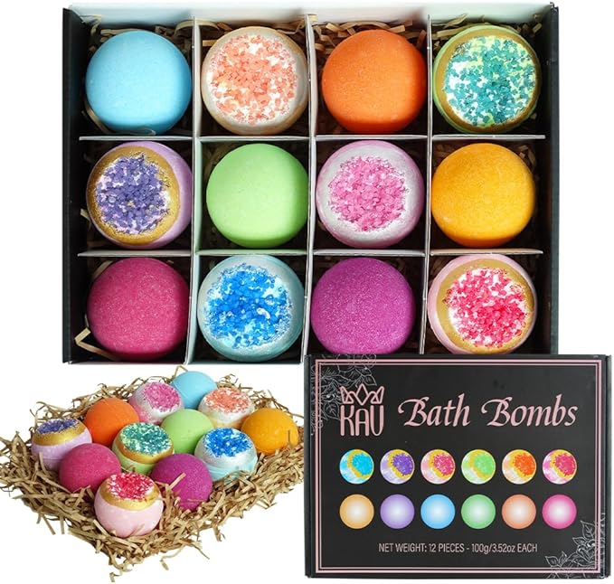 KAV Bath Bombs for Women — Natural Geode Bathbombs for Girls, Tweens | Set of 12 Organic Bath Bomb Giftset with Various Scents and Colors, Moisturizing Spa Fizzies — Essential Oil Infused Gift-Ready