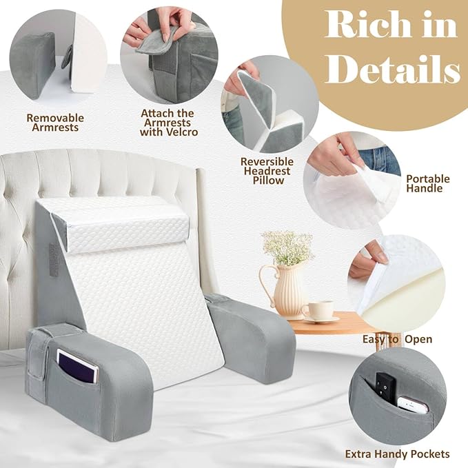 Reading Pillow for Sitting in Bed Adult, Back Pillow for Bed Sitting up, Reading & Bed Rest Pillows for Watching (White/Gray)