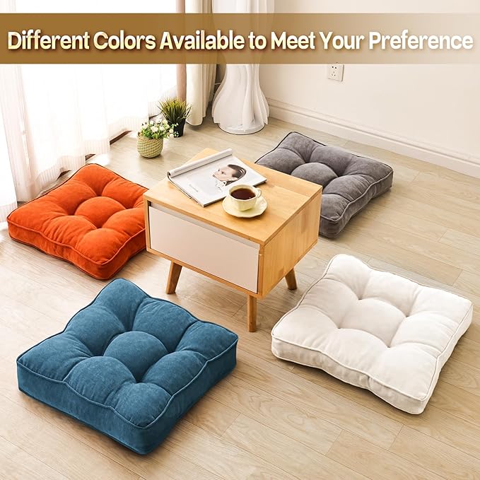 Floor Pillow Set of 2, Memory Foam Floor Cushions for Adults, Large Square Meditation Pillow for Sitting, 22 x 22 Inches (Square | Orange)