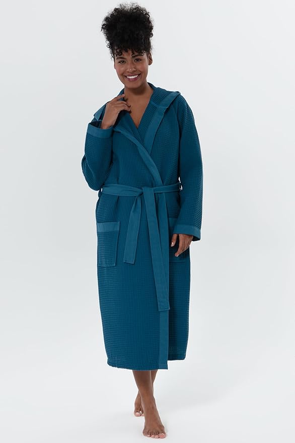SEYANTE Women’s Luxury Waffle Shawl Collar, Hooded Robe w Piping – Lightweight, Long, Ultra Soft Spa Sleepwear Bathrobe