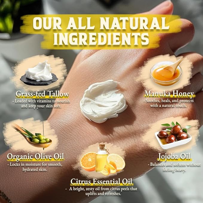 Organic Beef Tallow for Skin - 4 OZ (Citrus) โ Grass Fed Beef Tallow for face + Body โ US-Made Whipped Tallow and Honey Balm Moisturizer for Dry and Sensitive Skin, Eczema, Rosacea (No Additives)