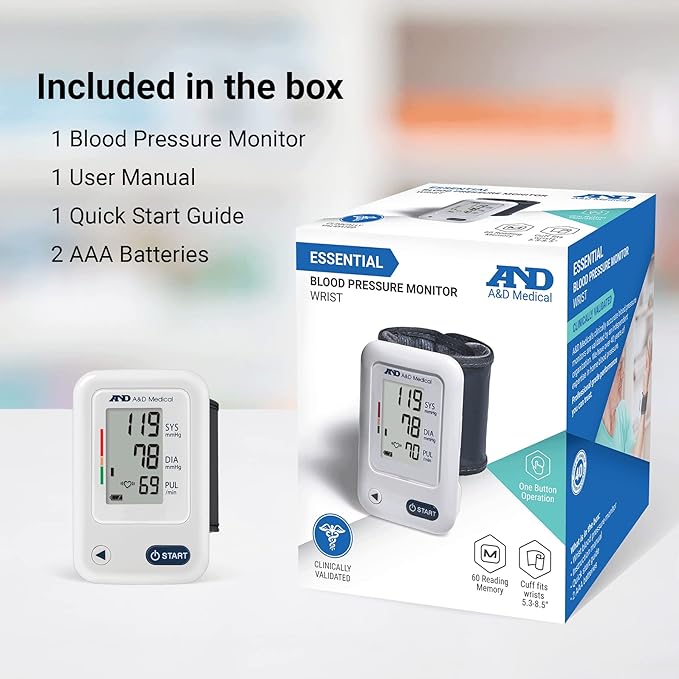 A&D Medical Wrist Blood Pressure Monitor for Home Use - UB-525, BP Adjustable Cuff (5.3-8.5"/13.5-21.5 cm) One Button Operation, 60 Reading Memory, 2 AAA Batteries