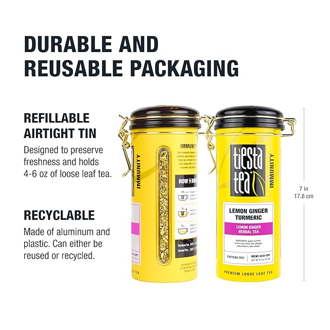 Tiesta Tea - Lemon Ginger Turmeric, Loose Leaf, Lemon Ginger Herbal Tea, Premium Blend, Non Caffeinated Herbal, Make Hot or Iced & Brews Up to 50 Cups, 5 Ounce Refillable Tin