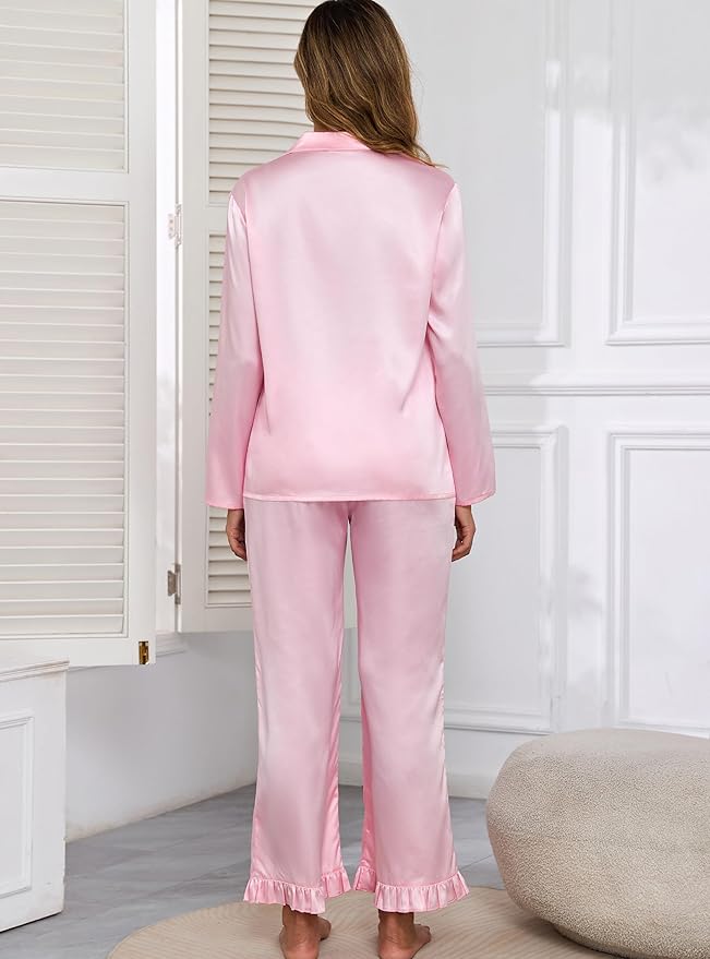Veseacky Womens Satin Pajama Set Silk Pjs Button Down Long Sleeve Sleepwear Loungewear Sleepwear 2 Piece Pjs Set S-XXL
