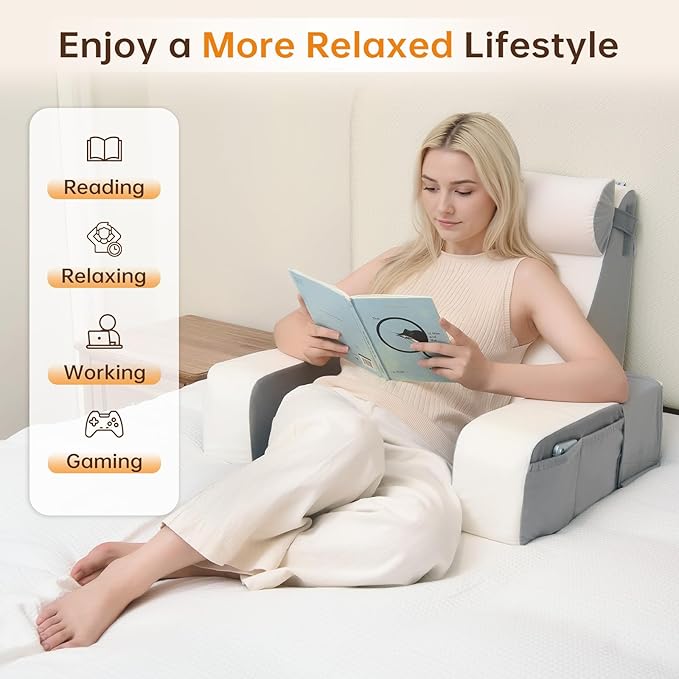 Vekkia 21" Reading Pillow with Adjustable Arms & Headrest – Zoned Foam Support, XL Side Pockets, Removable Cover, Back Support Chair for Reading, Gaming, Post-Surgery Recovery in Bed or Floor
