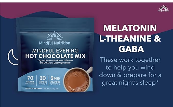 Mindful Evening Cocoa Mix Sleep Supplement with Melatonin, L-Theanine and GABA 12oz 20 Servings